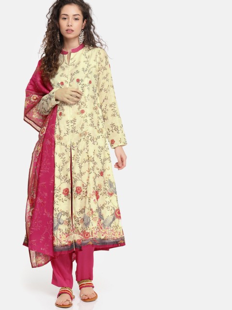 

Biba Women Cream-Coloured & Pink Printed Kurta with Trousers & Dupatta