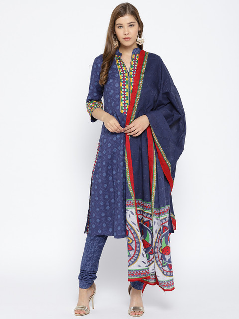 

Biba Women Navy Blue Printed Kurta with Churidar & Dupatta
