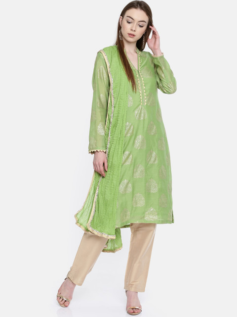 

Biba Women Green & Gold-Toned Printed Kurta with Trousers & Dupatta