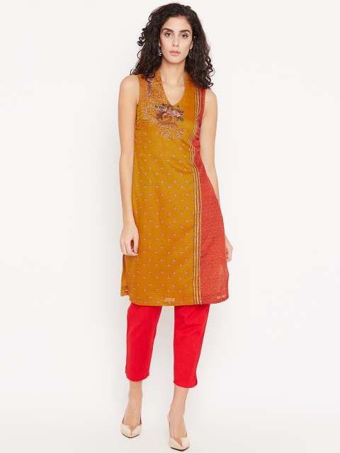 

Biba Women Mustard Yellow & Rust Red Printed Straight Kurta