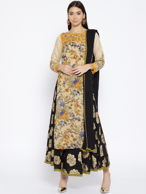 

Biba Women Beige & Black Printed Zardozi Kurta with Skirt & Dupatta