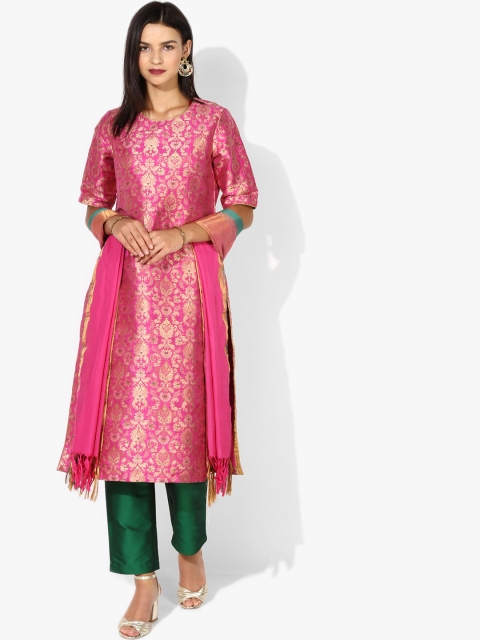 

Biba Women Pink & Green Self Design Kurta with Trousers & Dupatta