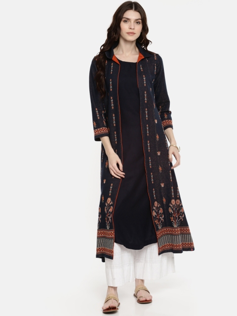 

Biba Women Navy Printed Woven Design A-Line Layered Kurta, Navy blue