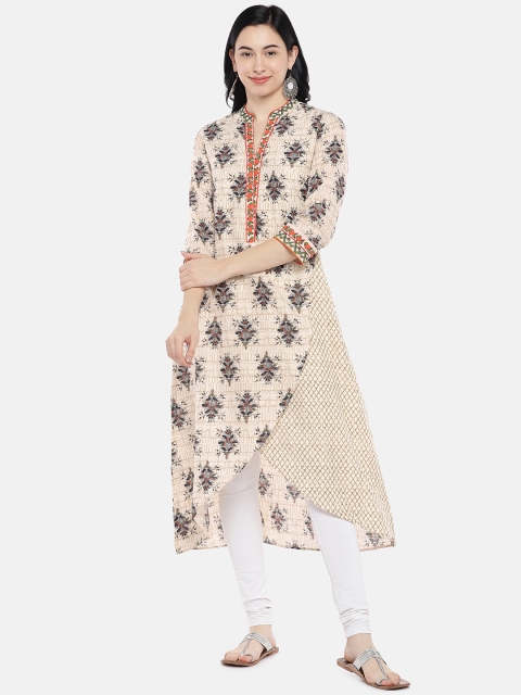 

Biba Women Beige & Navy Blue Printed Layered A-Line Kurta