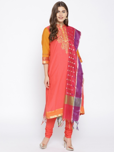 

Biba Women Pink & Yellow Embroidered Kurta with Churidar & Dupatta