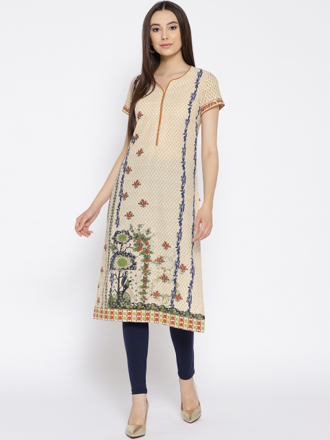

Biba Women Beige Printed Straight Kurta
