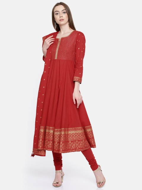 

Biba Women Red Yoke Design Kurta with Churidar & Dupatta