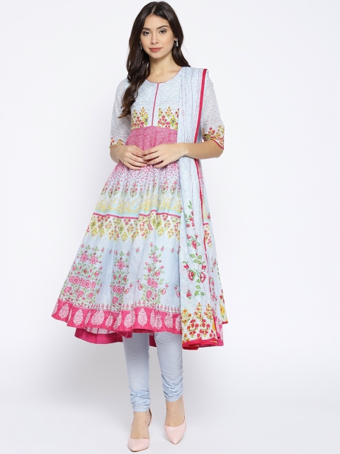 

Biba Women Blue & Pink Printed Kurta with Churidar & Dupatta