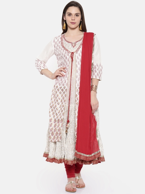 

Biba Women White & Red Printed Layered Anarkali Kurta with Churidar & Dupatta