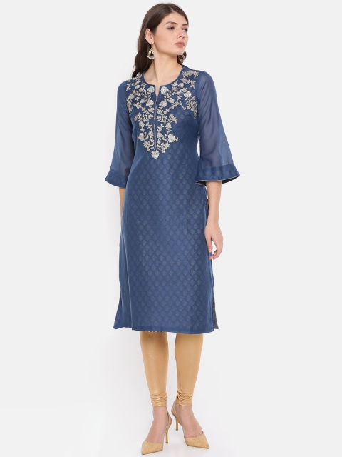 

Biba Women Blue Wowen Design Straight Kurta, Navy blue