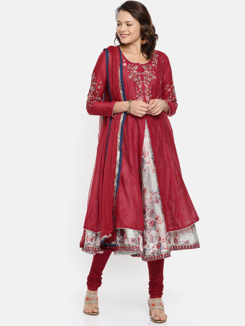

Biba Women Maroon Printed Layered Kurta with Churidar & Dupatta