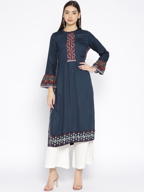 

Biba Women Navy Blue Yoke Design A-Line Kurta
