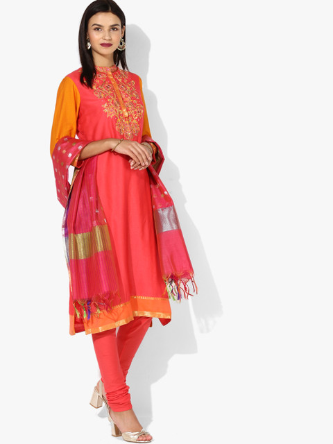 

Biba Women Coral & Embroidered Kurta with Churidar & Dupatta