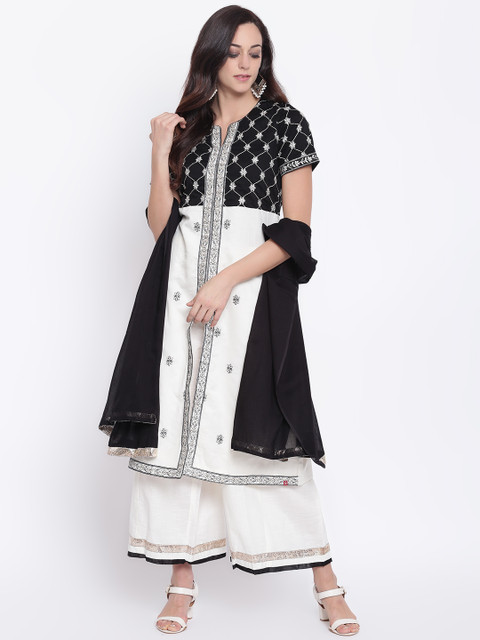 

Biba Women Off-White & Black Printed Kurta with Palazzos & Dupatta