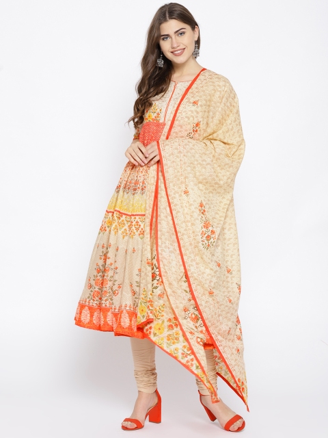 

Biba Women Orange & Beige Printed Kurta with Churidar & Dupatta