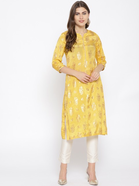 

Biba Women Yellow & Golden Printed Straight Kurta