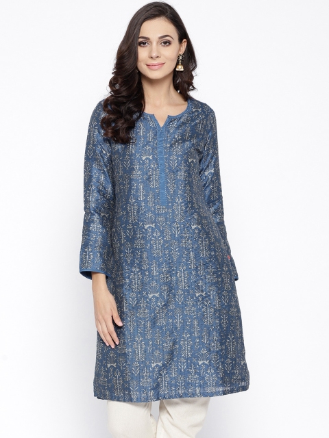 

Biba Women Blue & Grey Printed Straight Kurta