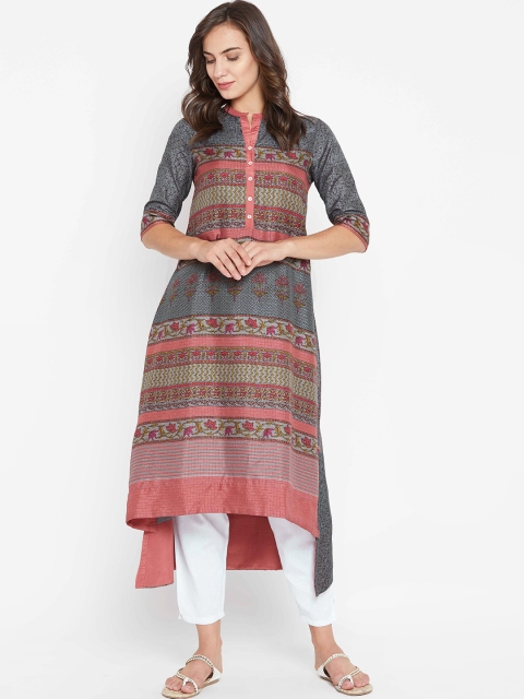 

Biba Women Charcoal Grey & Pink Printed A-Line Kurta