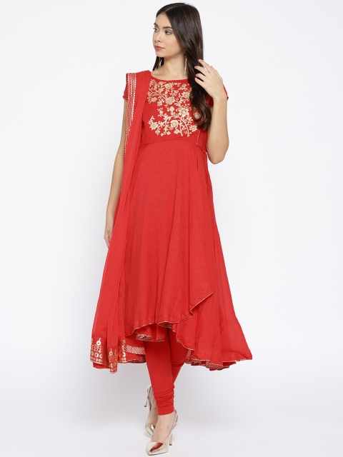 

Biba Women Red Solid Kurta with Churidar & Dupatta