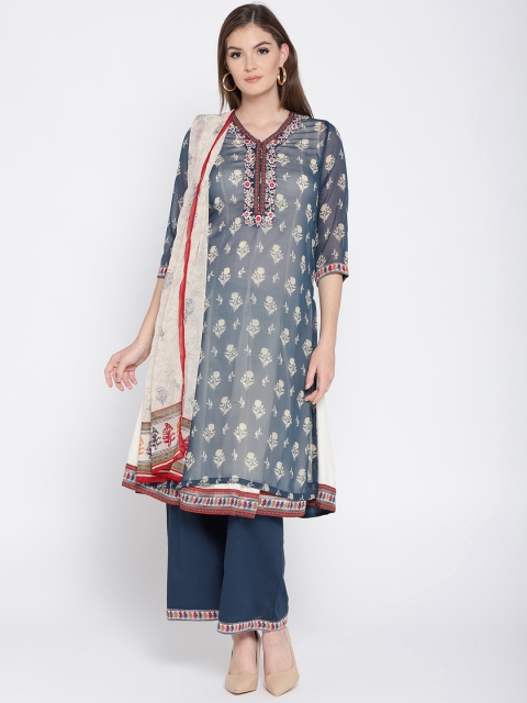 

Biba Women Navy & Off-White Printed Kurta with Palazzos & Dupatta, Navy blue