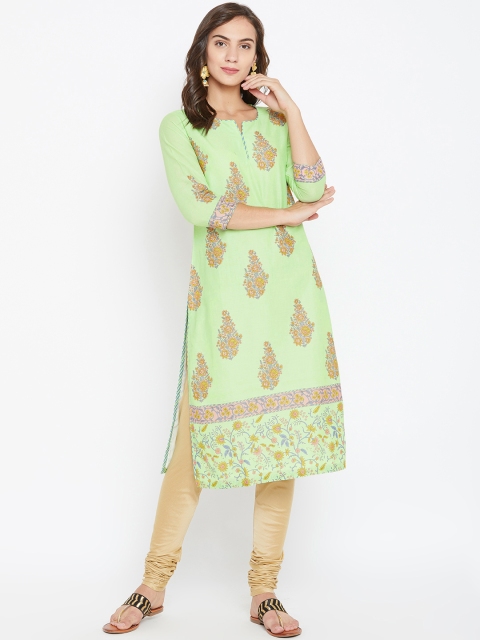 

Biba Women Green & Yellow Printed Straight Kurta