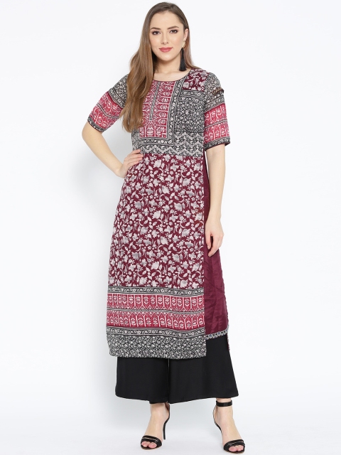 

Biba Women Maroon & White Printed Straight Layered Kurta