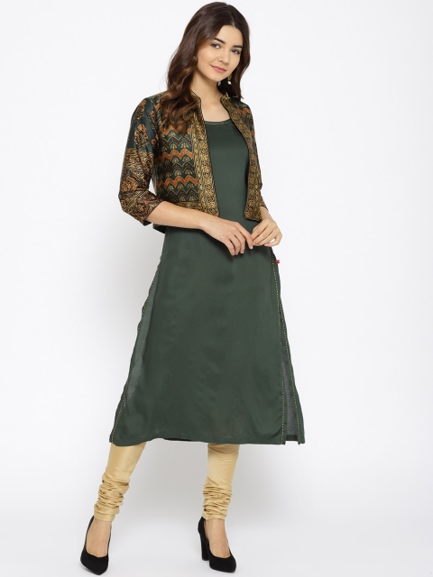 

Biba Women Green Solid Straight Kurta with Shrug