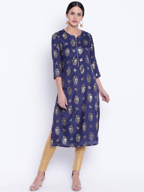 

Biba Women Navy Blue & Golden Printed Straight Kurta