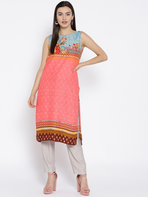 

Biba Women Pink & Blue Printed Straight Kurta