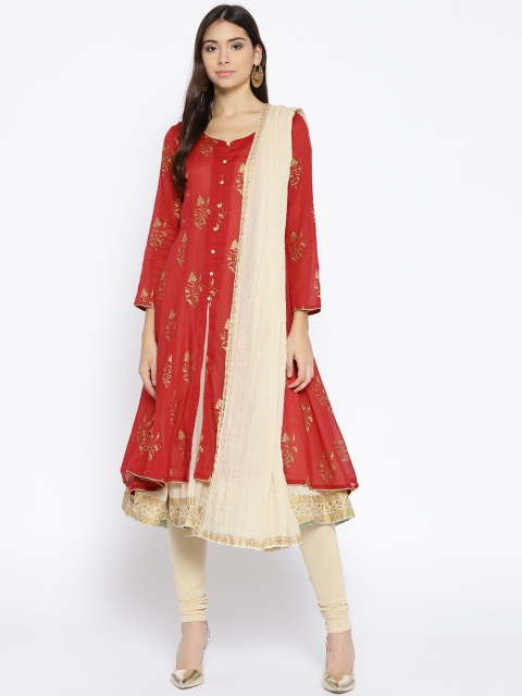 

Biba Women Red & Beige Printed Kurta with Churidar & Dupatta