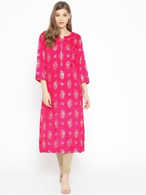 

Biba Women Magenta & Golden Printed Straight Kurta