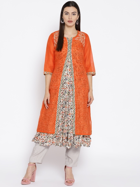 

Biba Women Orange & Cream-Coloured Printed A-Line Kurta with Ethnic Jacket