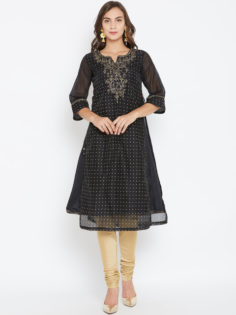 

Biba Women Black & Golden Printed Layered A-Line Kurta