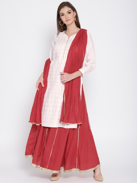 

Biba Women White & Red Embroidered Kurta with Palazzos & Dupatta