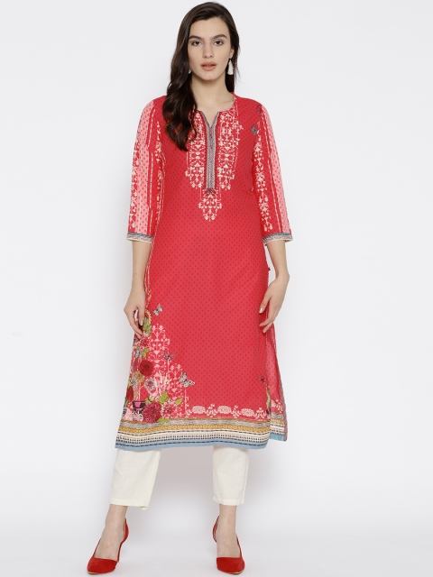 

Biba Women Coral Pink & Off-White Printed Straight Kurta