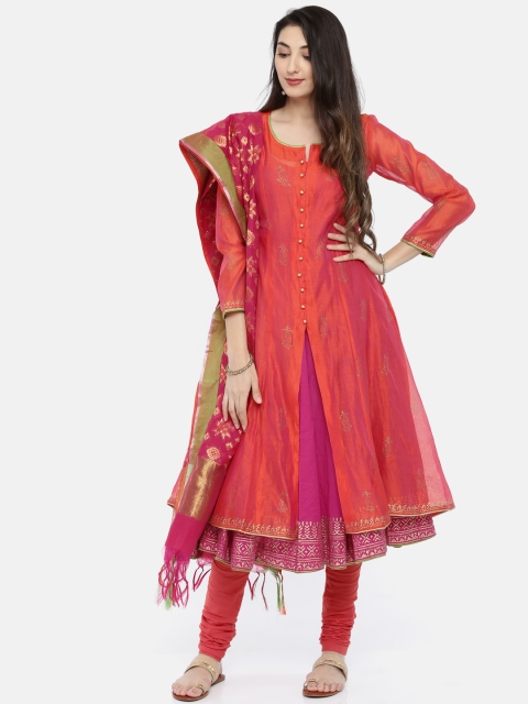 

Biba Women Pink & Magenta Solid Kurta with Churidar & Dupatta