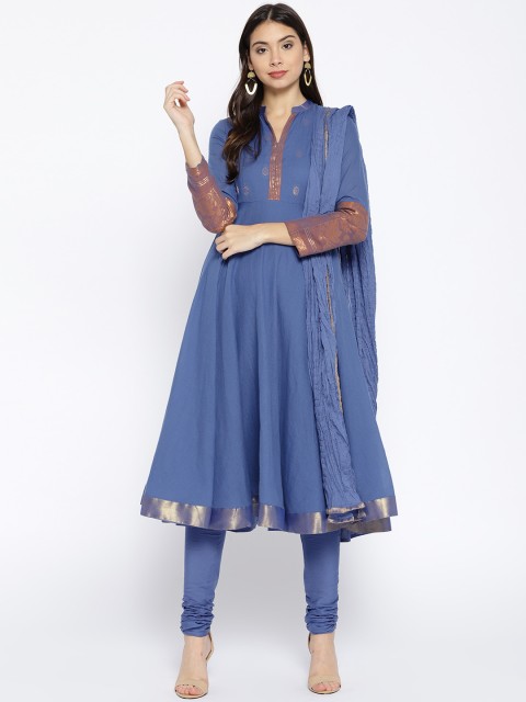 

Biba Women Blue & Golden Yoke Design Kurta with Churidar & Dupatta