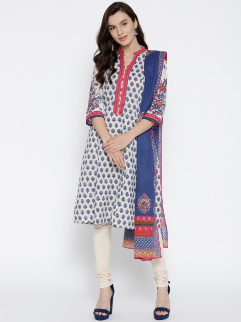 

Biba Women Cream-Coloured & Blue Printed Kurta with Churidar & Dupatta