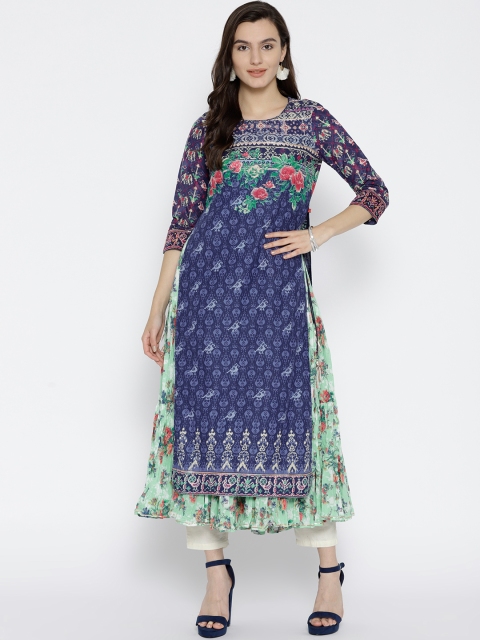 

Biba Women Blue & Green Floral Print Layered A-Line Kurta