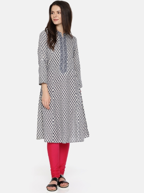 

Biba Women Off-White & Grey Printed A-Line Kurta