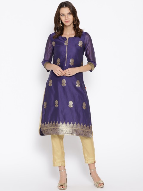 

Biba Women Purple & Golden Woven Design Straight Kurta