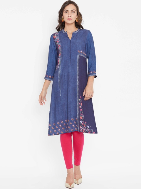 

Biba Women Navy & Pink Printed Chambray Straight Kurta, Navy blue