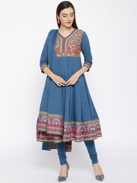 

Biba Women Blue Printed Kurta with Churidar & Dupatta