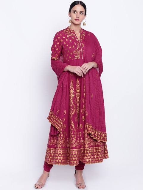 

Biba Women Magenta & Golden Printed Kurta with Churidar & Dupatta