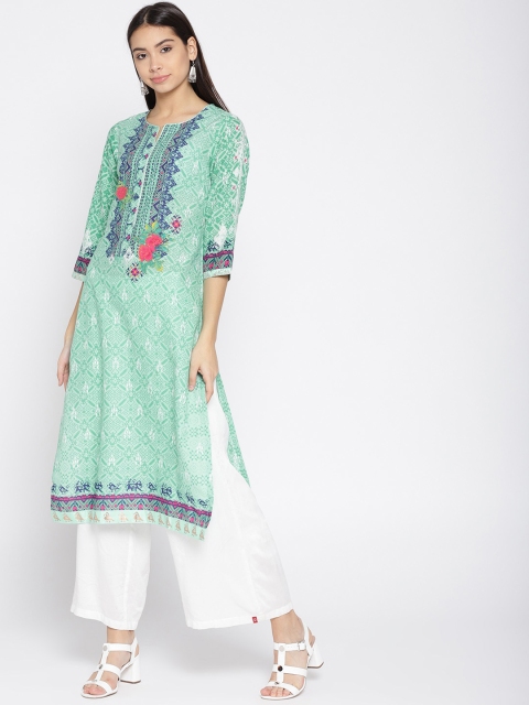 

Biba Women Sea Green & Navy Blue Printed Straight Kurta