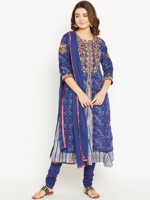 

Biba Women Blue & Printed Kurta with Churidar & Dupatta