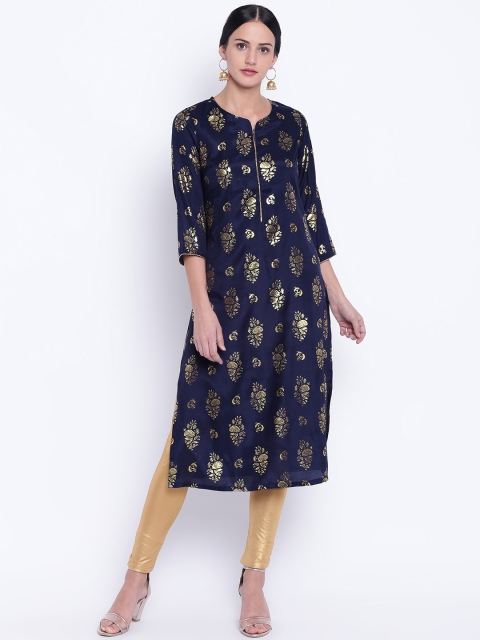 

Biba Women Navy Blue & Golden Printed Straight Kurta