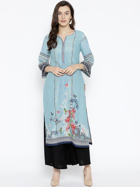 

Biba Women Blue Printed Straight Kurta