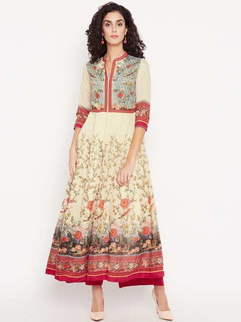 

Biba Women Cream-Coloured & Red Printed Anarkali Kurta with Palazzos