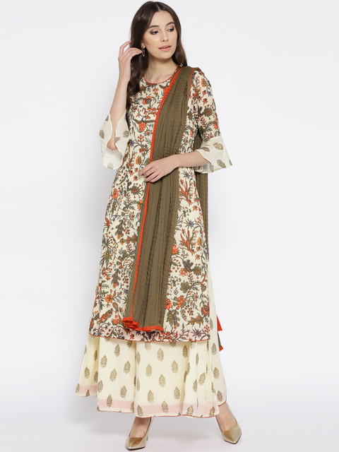 

Biba Women Cream-Coloured & Olive Green Printed Kurta with Palazzos & Dupatta